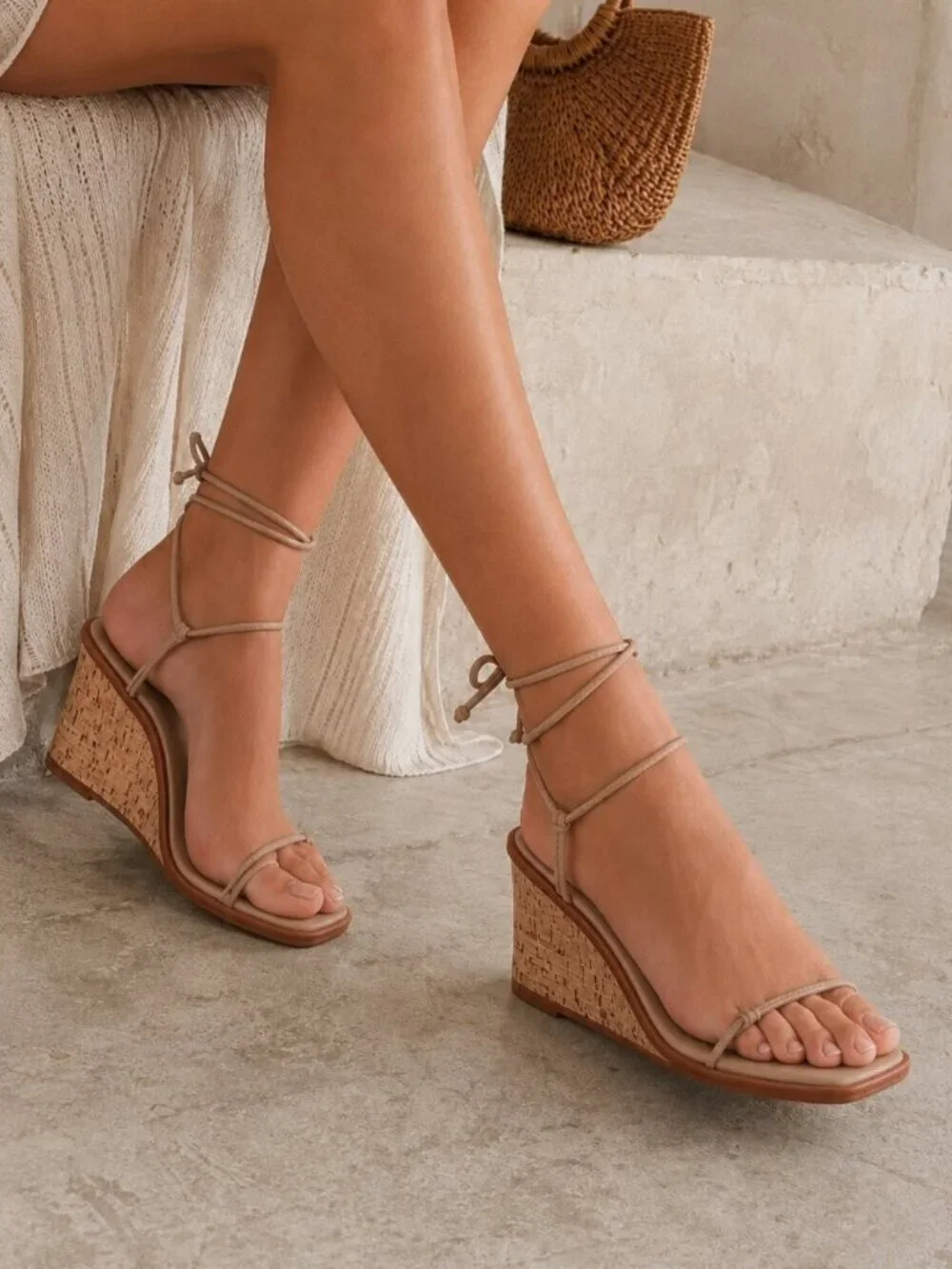 Kaanas Amiata Naked Ankle Wrap Wedge Summer Casual Sandals Nude